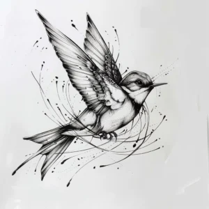 beautiful swallow bird flying in lines and spashes tattoo design in black and grey