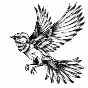 bird flying through the air with thick dark lines tattoo design in black and grey