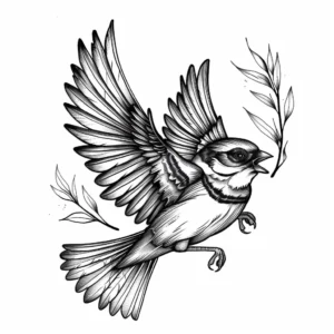 bird flying with open beak and branches around it tattoo design in black and grey