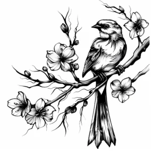 bird with a long tail sitting in a branch with beautiful flowers tattoo design in black and grey