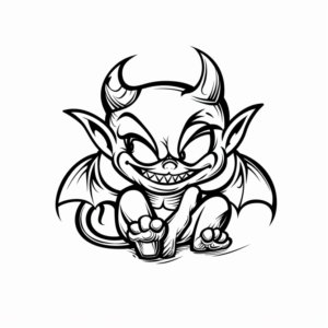 A simple funny tattoo design of af tiny, mischievous cartoon devil that is smiling in black thick lines