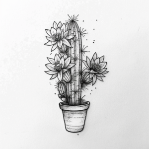 Beautiful cactus in pot with three big flowers tattoo design in black and grey