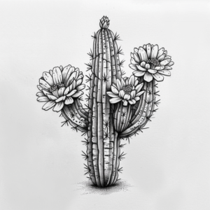 Big beautiful cactus with three big flowers tattoo design in black and grey