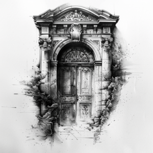 Big stone door with big arch and pillars and water color splashes and dots fading tattoo design in black and grey