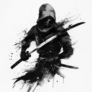 Black hooded ninja with samurai sword tattoo design with water color style splashes in black and grey
