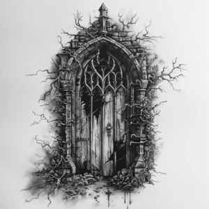 Broken door and gate in a brick wall with old branches tattoo design in black and grey