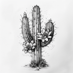 Cactus in the ground with two arms and flowers tattoo design in black and grey