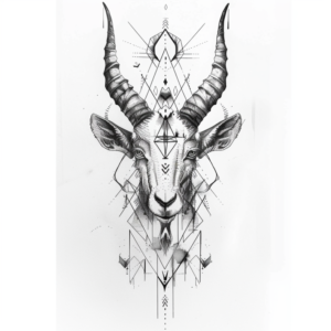 Creative geometrical goat head tattoo design with symbols and patterns and lines in black and grey