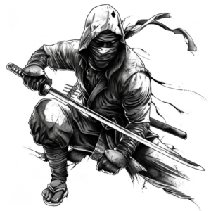 Crouching ninja tattoo design with samurai sword and hood in black and grey