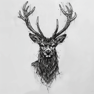 Deer stag head tattoo design with big antlers and geometric lines in black and grey