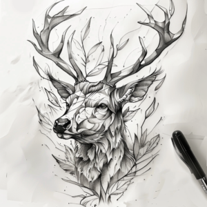 Deer stag head tattoo design with life and leaves and geometric lines tattoo design in black and grey