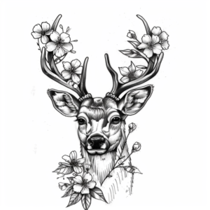 Deer stag head with antlers and flowers tattoo design in black and grey