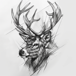 Deer stag head with big antlers looking left tattoo design with geometric lines in black and grey