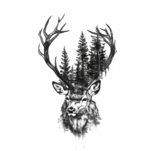 Deer stag head with forest and pine trees between antlers tattoo design in black and grey