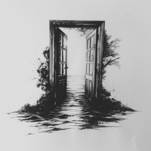 Door in water and with forest around opening tattoo design in black and grey