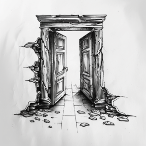Double door opening with broken wooden pillars and arch tattoo design in black and grey