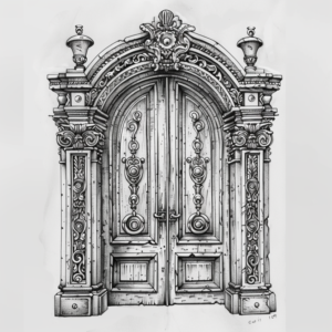 Double wooden door with arch and pillars tattoo design in black and grey