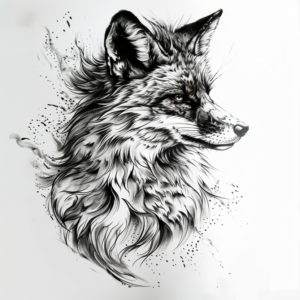 Fox head looking right with big mane and splashes tattoo design in black and grey
