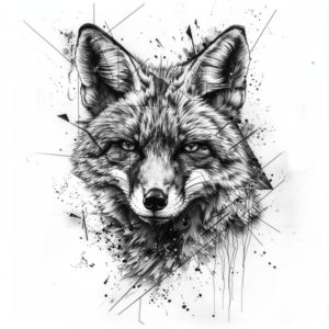 Fox head with sharp lines and water color splashes tattoo design in black and grey