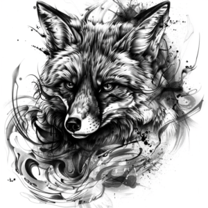 Fox head with wavy flames like art around tattoo design in black and grey