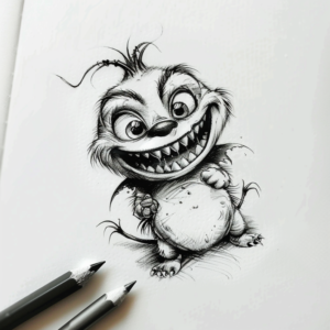 Funny little creature with big eyes, big moutj and big teeth and wings laughing tattoo design in black and grey
