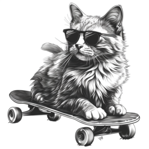 Funny tattoo deisng of a long haird cool cat with sun glasses lying on a skateboard in black and grey