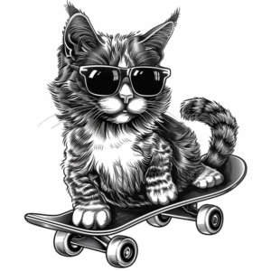Funny tattoo design of a cool cat with sunglasses on riding a skateboard in black and grey