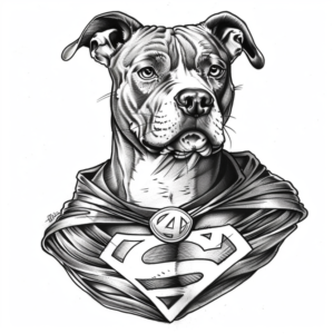 Funny tattoo design of a dog wearing a superman superhero costume in black and grey