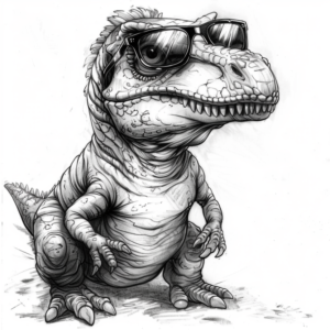 Funny tattoo design of a little t-rex dinosaur wearing sunglasses in black and grey