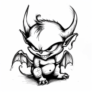 Funny tattoo design of a mean tiny, mischievous cartoon devil with horns and wings in black and grey