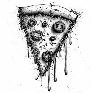 Funny tattoo design of a pizza slice with toppings and running cheese in black and grey