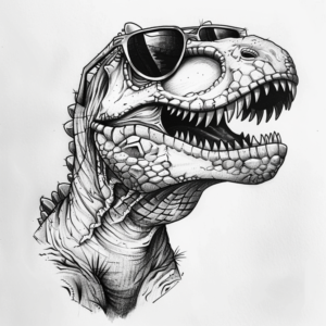 Funny tattoo design of a t-rex dinosaur head wearing sunglasses and smiling and laughing in black and grey