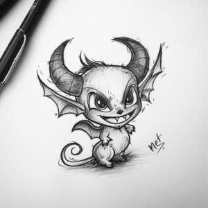 Funny tattoo design of a tiny, mischievous cartoon devil with big horns and wings and tail and big eyes in black and grey
