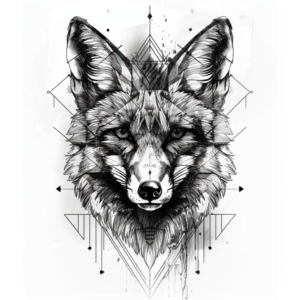 Geometrical fox head from the front looking straight with arrows and lines tattoo design in black and grey