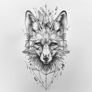 Geometrical fox head from the front tattoo design with lines and splashes and patterns in black and grey