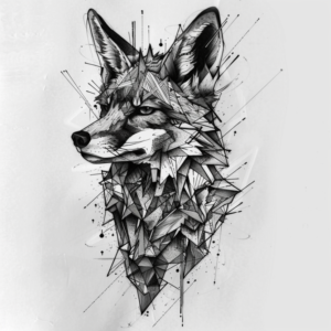 Geometrical fox head tatoo design with likes and splashes and dots tattoo design in black and grey