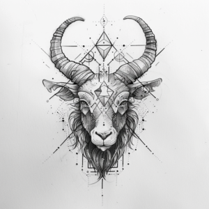 Geometrical goat head tattoo design with horns and lines and dots and patterns tattoo design in black and grey