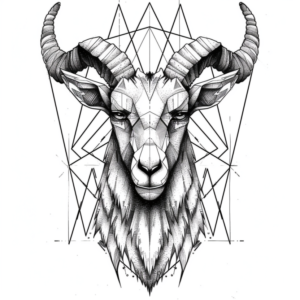 Geometrical goat head with horns tattoo design with lines in black and grey