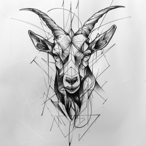 Geometrical goat head with horns tattoo design with linework and dotwork and patterns in black and grey
