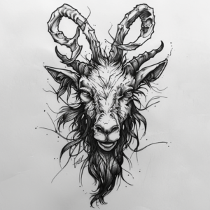 Goat head seen from the front with four horns and black beard tattoo design in black and grey