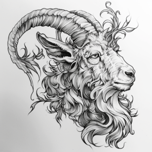 Goat head with big curved horns and wavy beard tattoo design in black and grey