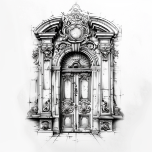 Heavenly godlike door with big arch tattoo design in black and grey