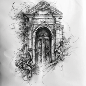 Heavenly stone door with big arch and movement lines and linework tattoo design in black and grey