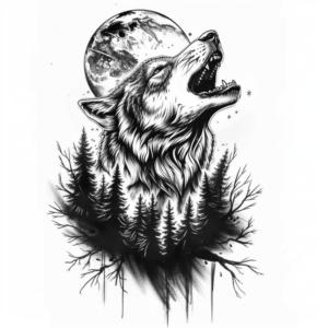 Howling wolf head with moon in background anf forrest in front tattoo design in black and grey