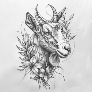 Kind goat head with small horns and flowers and leaves tattoo design in black and grey