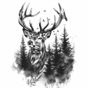 Majestic deer stag with antlers tattoo design with flying birds, forest and pine trees around in black and grey