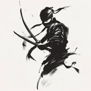 Minimalist black ninja with two swords tattoo design in black and grey
