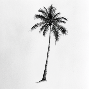 Minimalist palm tree leaning to the right tattoo design in black and grey