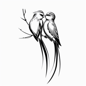 Minimalist tattoo design of two birds a male and a female with long tails sitting next to each other in black and grey