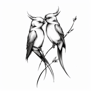 Minimalist tattoo design of two love birds sitting on a branch in black and grey